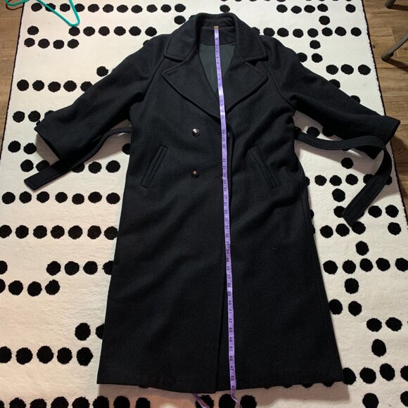 Vintage 90s Double Breasted Belted Long Maxi Overcoat Black Wool Trench Coat - Picture 15 of 16